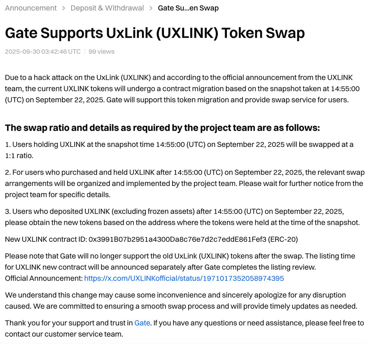 Big appreciation to <a href="/Gate/">Gate</a>  for the smooth support of the #UXLINK token migration 🙌
Your trust &amp; collaboration mean a lot to our community ❤️
gate.com/announcements/…