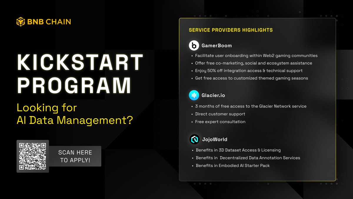BNB Chain Kickstart Program poster highlighting AI Data Management perks