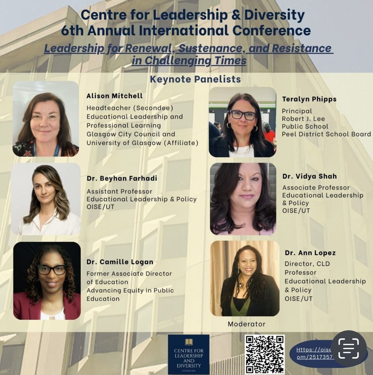 The panel discussion at the ⁦<a href="/CLD_Leadership/">Centre for Leadership and Diversity, OISE</a>⁩ 6th Annual Intl Conference features Alison Mitchell, ⁦<a href="/BBFarhadi/">Beyhan Farhadi, PhD</a>⁩ Beyhan Farhadi, Dr. Camille Logan, Teralyn Phipps, Dr. Vidya Shah moderated by ⁦<a href="/DrAnnLopez/">Educator</a>⁩ Students are welcomed at reduced rates. Reg link below ⬇️