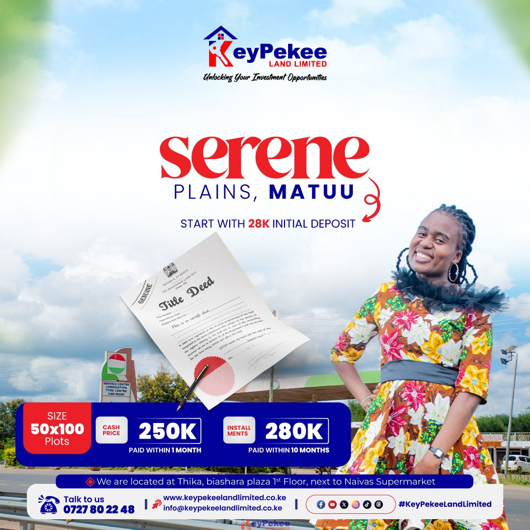 KeypekeeLand's tweet image. Serene plains,Matuu
✅50*100 plots selling at Kshs 280,000
✅Just 5mins from Masinga Town 
✅ Water &amp;amp; electricity already onsite
✅ Ready title deeds.
☎️  0727802248
🌎keypekeelandlimited.co.ke
#affordableplots #primeplots #plotswithtitledeeds #plotsinmatuu #plotsinmachakos