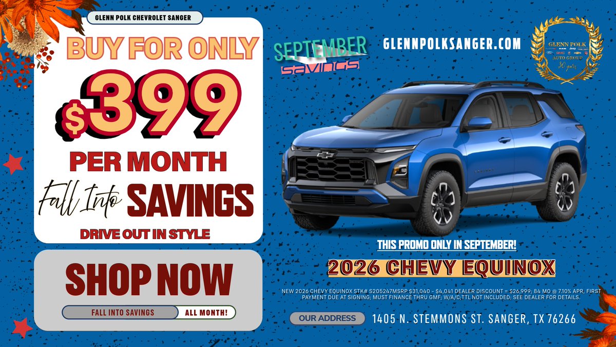 GPolkAutoplex's tweet image. Fall into savings and drive out in style TODAY!  Don't let these savings slip through your fingers!
glennpolksanger.com
#gpolk #Chevrolet #sangertx #FallIntoSavings #driveoutinstyle #SeptemberSavings