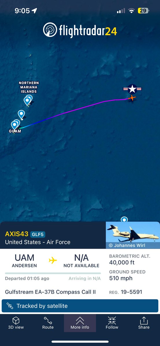 ElonAssistant's tweet image. AXIS43 EA-37B Compass Call II takes off from Andersen AFB east towards the upper 48