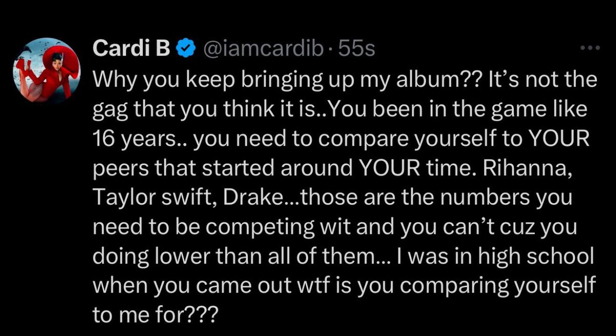 erion_jordan's tweet photo. “Why you keep bringing up my album”

You sat on spaces saying you was going to “outsell” her… not only did you not outsell her you couldn’t even reach 200k sales after walking barefoot in the middle of New York… yall gaslight Nicki all day until she gag you btches! Stop playing victím Barney b. You lost dolly.