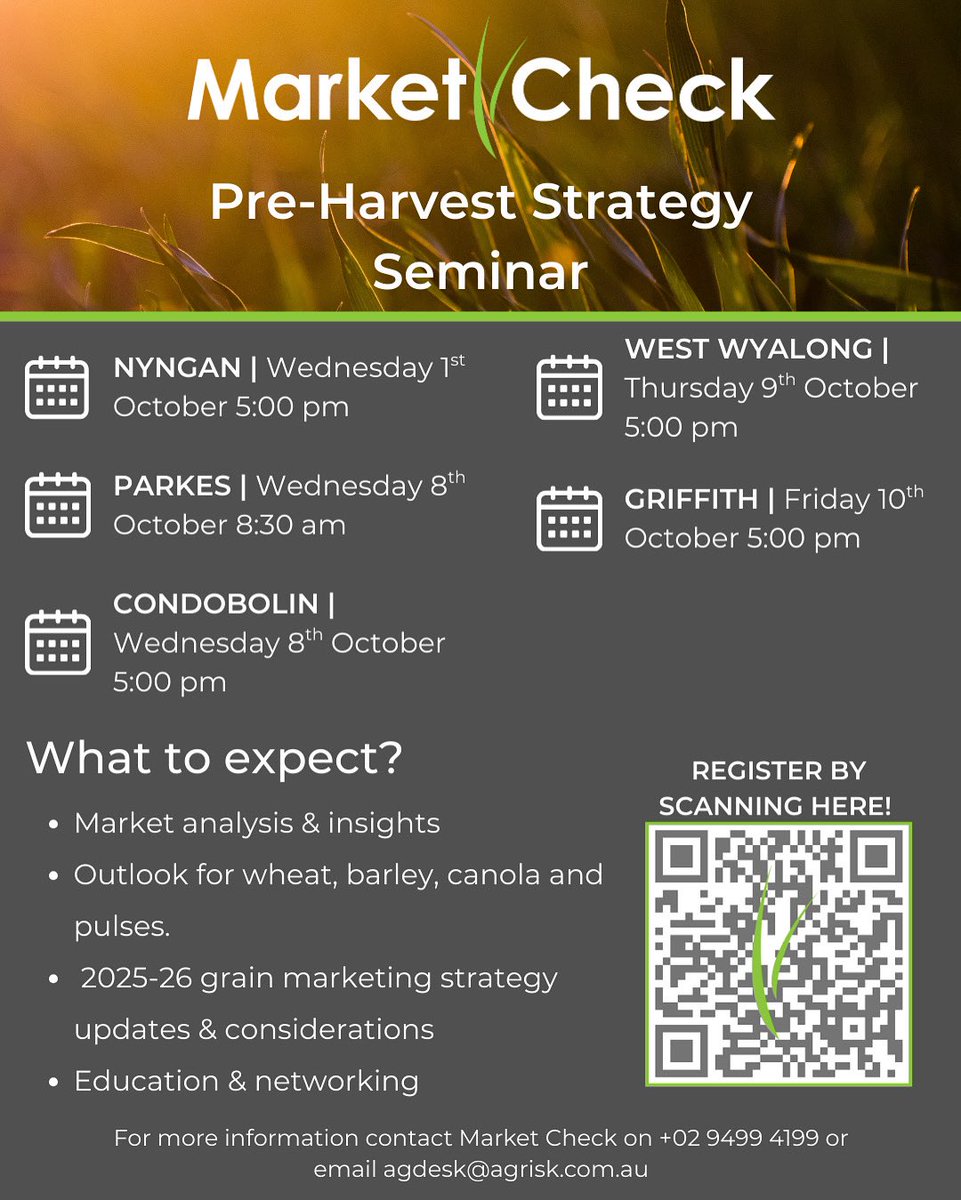 Market Check would like to extend the invitation to their member-exclusive Pre-Harvest Strategy Seminars. Founded over 30 years ago, Market Check has grown from a grassroots initiative into a nationally recognised, independent grain marketing advisory firm dedicated to supporting