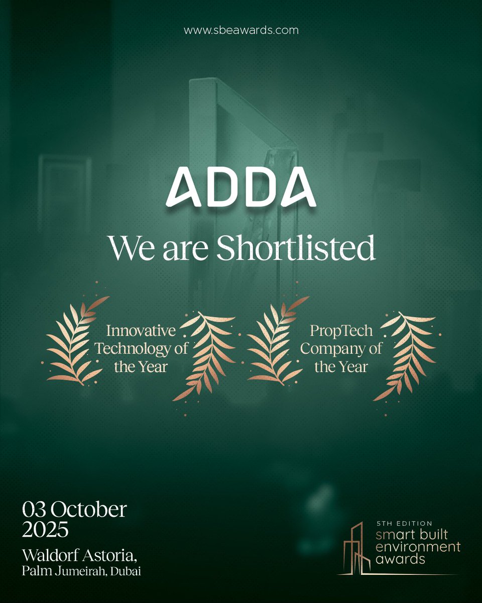 Thrilled to share that ADDA has been shortlisted at the Smart Built Environment Awards 2025! 

We’re proud to be recognized in two categories:
🏆 Innovative Technology of the Year
🏆 PropTech Company of the Year

This milestone reflects our mission to empower communities