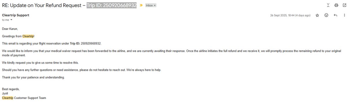 KarunKu87517583's tweet image. Never fly with @Cleartrip . Horribe customer service. My wife is pregnant and unable to fly due to ovarian cyst and they take a decade in responding. Trip ID: 250920668932. @ConsumerHelpBBR @yadysaurabh @CONSUMER_CARES @nch1915 @AAI_Official @IndiGo6E