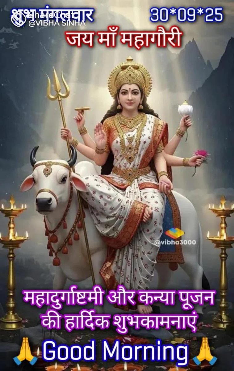 bhikhubhaidbjp's tweet photo. वन्दे वाञ्छितकामार्थं चन्द्रार्धकृतशेखराम्।
सिंहारूढां चतुर्भुजां 
महागौरीं यशस्वीनीम्॥

महा अष्टमी की अनंत शुभकामनाएं। 

जगत जननी आदि शक्ति का यह स्वरूप सौम्यता और वात्सल्य का प्रतीक है। माता महागौरी हर किसी के जीवन में सौभाग्य, संपन्नता और सफलता लेकर आएं...!!

जय मां दुर्गा॥ https://t.co/IgBuzelNMA