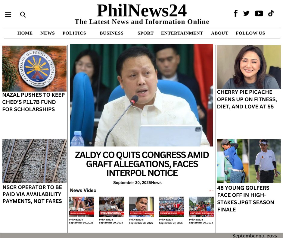PhilNews24's tweet photo. PhilNews24 | September 30, 2025
For the latest news, visit: https://t.co/PNaSqYk4n9

#HigherEducation #Budget2026 #ZaldyCo #FloodControlScandal #HouseResignation #NSCR #Infrastructure  #CherryPiePicache #HealthyLifestyle #JuniorGolf #ICTSIJPGT #GolfPhilippines https://t.co/lHSmbNhhx8