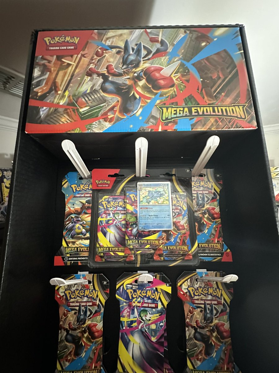 MrMrsPokemon's tweet photo. Weekend Mega Evolution finds!  So grateful to have found a display to also include in our collection! Was able to snag one GameStop promo as well!  Hope everyone has also been able to find some items from the new set!  Happy Hunting! https://t.co/YS05zwrIds