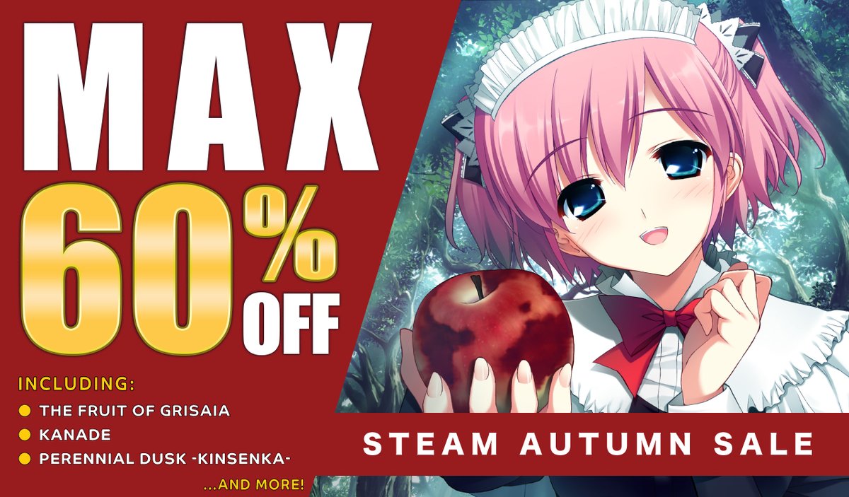 FrontwingInt's tweet image. The Steam Autumn Sale is underway!
Check out the awesome discounts on Frontwing USA titles, including KANADE, Perennial Dusk -Kinsenka-, and the Grisaia trilogy! store.steampowered.com/publisher/fron…