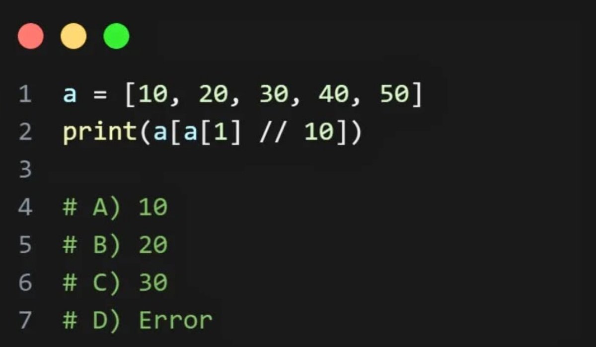 Python_Dv's tweet image. Python Question / Quiz;

What is the output of the following Python code, and why? 🤔🚀 Comment your answers below! 👇

#python #programming #developer #programmer #coding #coder #softwaredeveloper #computerscience #webdev #webdeveloper #webdevelopment #pythonprogramming…