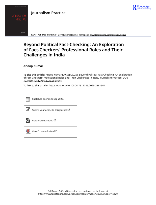 kumaranoopcms's tweet photo. I am pleased to share my latest work on fact-checking published in Journalism Practice (Scopus &amp; Web of Science indexed journal, IF: 2). Access the article on given link: https://t.co/6tAb54pK4T https://t.co/gvYaBcU5VD