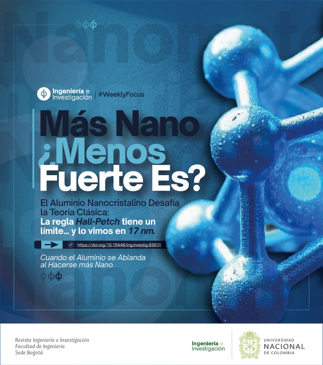 IeIJournalUNAL's tweet image. ⚙️🧲 Más Pequeño, ¿Más Débil? 🧲⚙️
El aluminio nanocristalino rompe la regla Hall-Petch: al reducir su grano por debajo de 100 nm, pierde resistencia en lugar de ganar.
👉 Article: doi.org/10.15446/ing.i…
#Nanotecnología #MaterialesAvanzados #HallPetch #IeIJournal