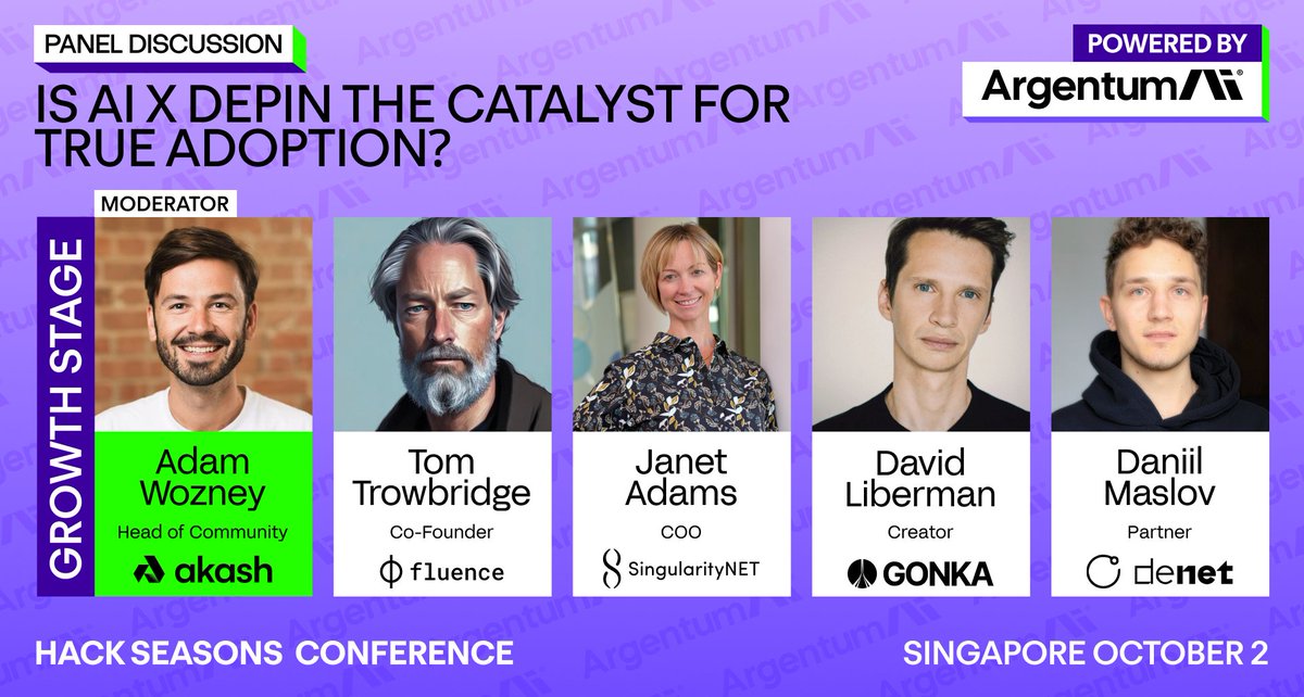 mpost_io's tweet image. Join us at the Hack Seasons Conference Singapore on October 2 for the panel “Is AI x DePIN the Catalyst for True Adoption?”

Register now for free: lu.ma/hack_sg

Host: Adam Wozney ( @AdamDeanWozney ), Head of Community at @akashnet_

Speakers:

Tom Trowbridge (…