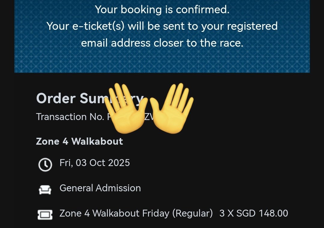 snafishah's tweet photo. WTS | F1 Singapore GP 2025

2 tix Zone 4 Walkabout
Date: Friday - Oct 3,2025

Cant go since my partner in crime can't take the day off 🙄

Let me know if youre interested. https://t.co/ya66BiVjVQ