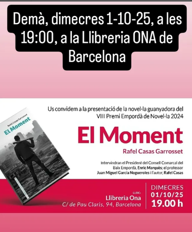 Atenció! Demà dimecres 1-10-25, a les 19:00, a la llibreria Ona de Barcelona, presentem junt a l'autor <a href="/casas_rafel/">Rafel Casas</a>  una magnífica novel·la, tan visionària com corrosiva, guanyadora del Premi Empordà de novel·la. Un llibre que no us deixarà indiferent...