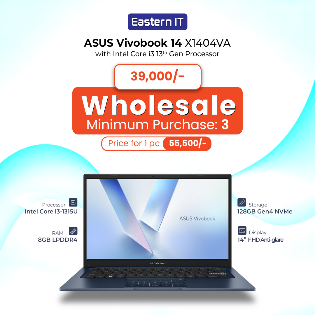 easternitbd's tweet image. 🔥ASUS Vivobook X1404VA পাচ্ছেন হোলসেল প্রাইস মাত্র ৩৯,০০০ টাকায় (সর্বনিম্ন ৩ পিস)!
⚡১টি কিনলে ৫৫,৫০০ টাকা!
🌟Core i3 1315U | 8GB RAM | 128GB SSD | 14 Inch FHD | Quiet Blue Color
📦 এই সুযোগ সীমিত সময়ের জন্য!
#EasternIT #Wholesaleoffer  #AsusLaptop