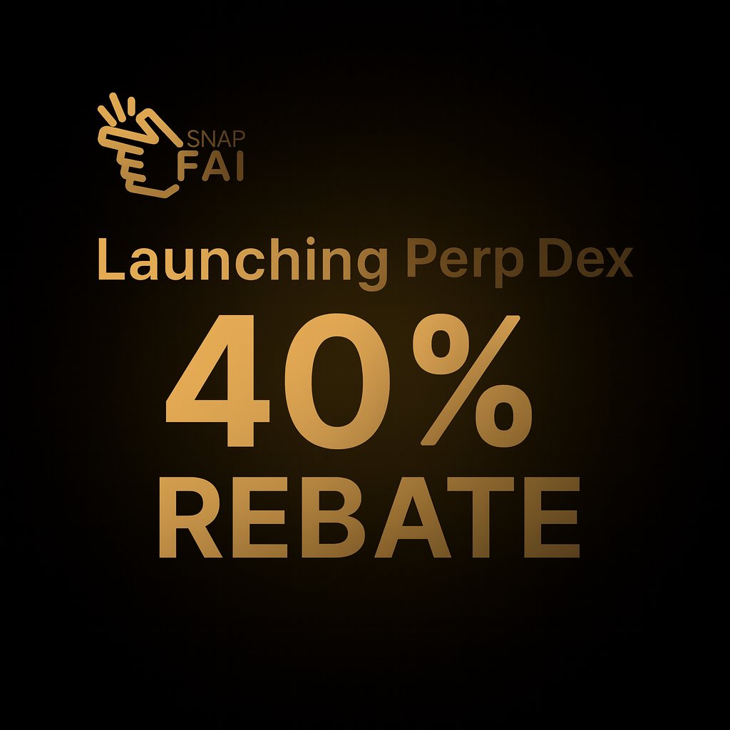 It’s Perp Season.

SnapFAI just dropped our Perp DEX ⚡

💡Trade perps with ease 
✅ Tap into deep liquidity
💯 Join our 40% Rebate Referral Program — biggest in the game.

Start trading today 👉 trade.snapfai.com