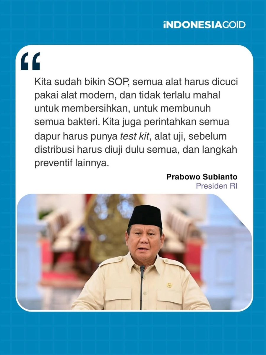 InfoPublikIP's tweet image. Perintah tegas ini menjadi bagian dari prosedur standar operasional (SOP) baru yang wajib dipatuhi oleh seluruh satuan pelayanan pemenuhan gizi (SPPG) untuk mencegah kasus keracunan kembali berulang.

#MBG #TestKit #SPPG #Indonesiagoid #BeritaTerkini #InformasiPublik