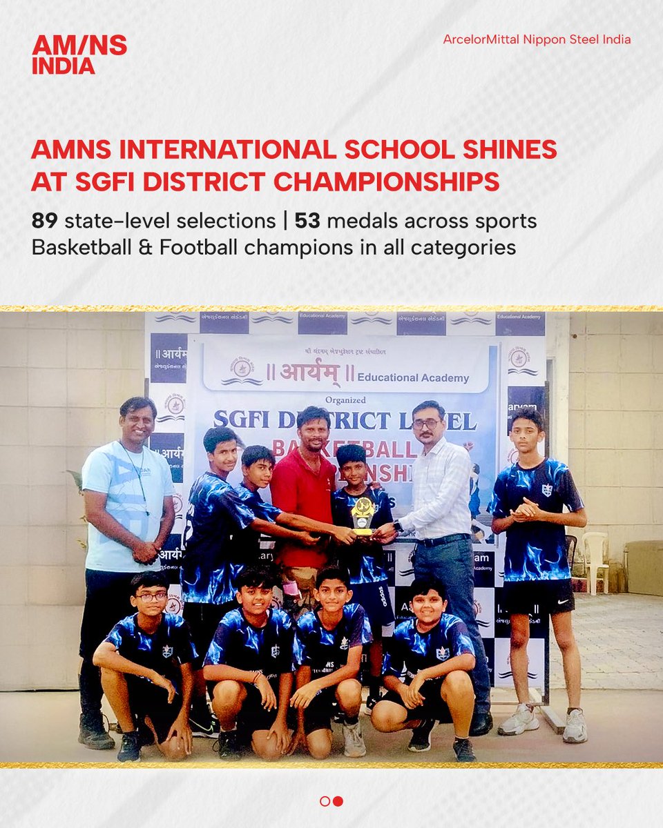 AMNSIndia's tweet photo. AMNS International School shines this season!

Under-17 Boys’ Champions at CBSE Cluster XIII with 25 medals &amp; 4 Nationals qualifiers.
89 state-level selections &amp; 53 medals at SGFI District Championships, including wins in Football &amp; Basketball. 

#SportsExcellence #Champions https://t.co/nkg0gfTdrT