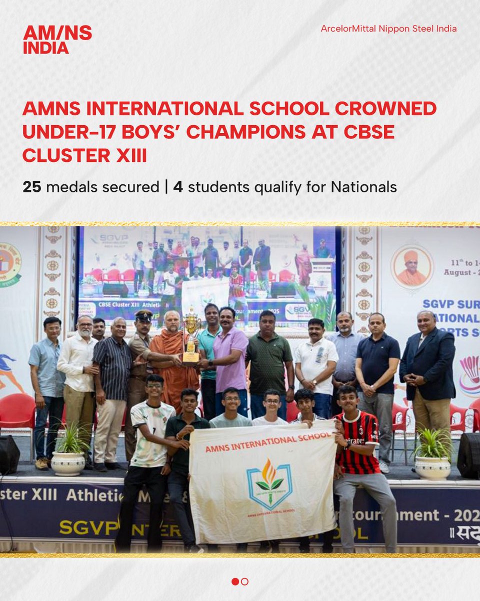 AMNSIndia's tweet photo. AMNS International School shines this season!

Under-17 Boys’ Champions at CBSE Cluster XIII with 25 medals &amp; 4 Nationals qualifiers.
89 state-level selections &amp; 53 medals at SGFI District Championships, including wins in Football &amp; Basketball. 

#SportsExcellence #Champions https://t.co/nkg0gfTdrT
