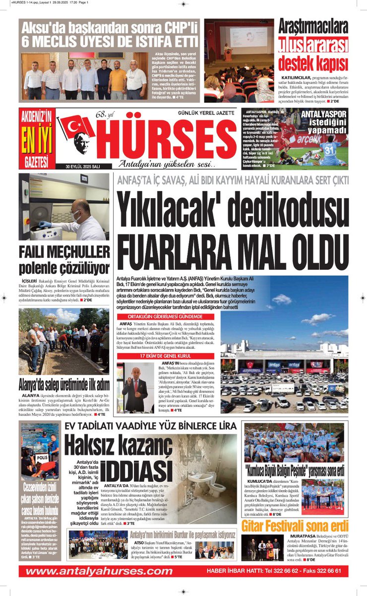 antalyahurses1's tweet photo. Günaydın
#Yıkılacak dedikodusu fuarlara mal oldu @ANFASFUARCILIK 
#Aksu’da 6 istifa
#Araştırmacılara destek kapısı
#Faili meçhuller polenle çözülüyor
Bugün Hürses’te 

https://t.co/xKGL6VlpXa https://t.co/FErpGOrvjy
