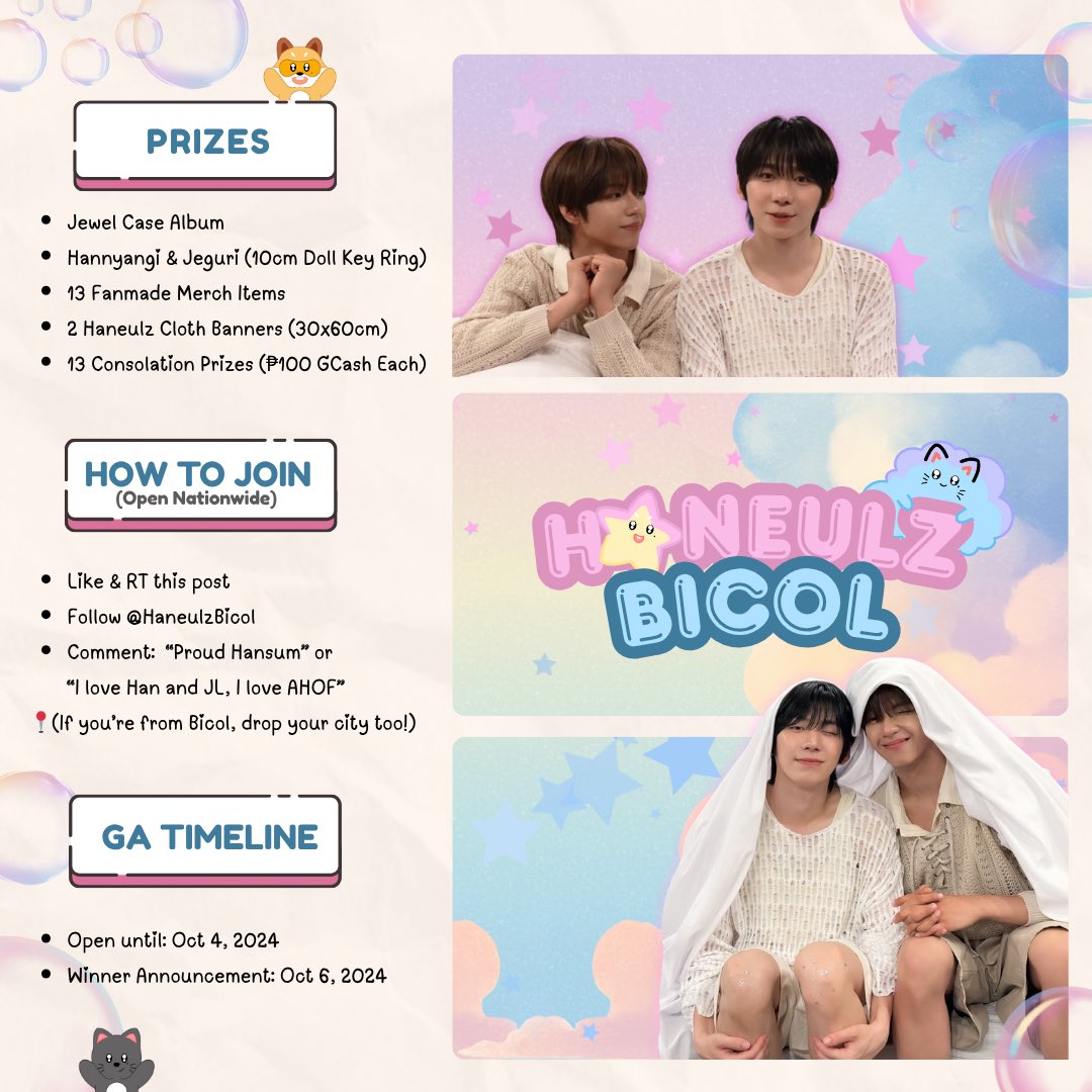 HaneulzBicol's tweet photo. ☁️ 𝗛𝗔𝗡𝗘𝗨𝗟𝗭 𝗕𝗜𝗖𝗢𝗟 𝗟𝗔𝗨𝗡𝗖𝗛 𝗚𝗔 ☁️

Our treasure chest has finally opened! 🗝️
As Haneulz Bicol begins its journey, we want to thank every Hansum who has been with us since the start. This is our Launch GA, to officially celebrate the community we’re building together.
Kindly help us reach more Bicolano Hansums so we can grow our family and establish our page even stronger. Every RT, follow, and comment matters.

🎁 PRIZES:

Jewel Case Album

Hannyangi & Jeguri Key Ring

13 Fanmade Merch Items (Button pin,postcard, sticker set) 

13 Consolation Prizes (₱100 GCash Each)

2 Haneulz Cloth Banners

✨ HOW TO JOIN (Open Nationwide):

Like & RT this post

Follow @HaneulzBicol

Comment:
– “Proud Hansum” OR
– “I love Park Han and JL, I love AHOF” + 

📍 If you’re from Bicol, comment your city too! This will help us with our upcoming Cup Sleeve Event (CSE).
📅 Ends: Oct 4
🏆 Winners announced: Oct 6
Note: Prizes from our Han Day GA are already being prepared and will be shipped soon. Thank you Hansums for your patience and trust.

#HaneulzBicol 
#HaneulzPH 
#HAN #박한 
#JL #제이엘
#AHOF #아홉