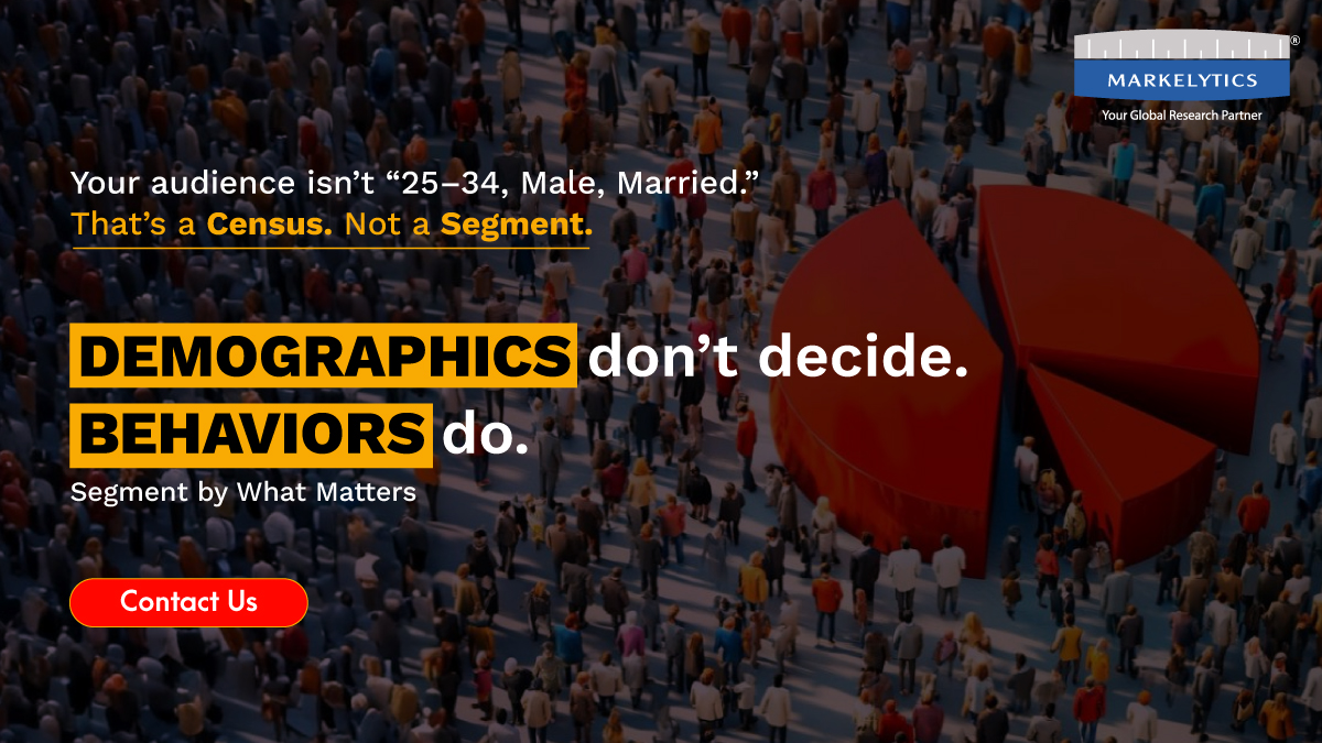 Still segmenting by “25–34, Male, Urban”? That’s a census, not a strategy.

Our Market Segmentation &amp; Profiling uncovers real behaviors, motivations &amp; journeys that drive purchase. 

Segment by what matters. Contact us at sales@markelytics.com or visit markelytics.com