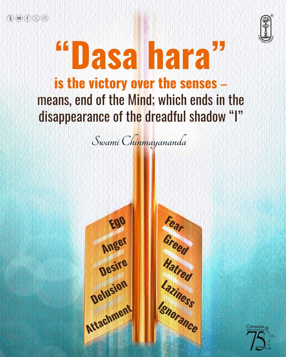 Chinmayananda's tweet photo. “#Dasahara” is the victory over the senses means, end of the #Mind; which ends in the disappearance of the dreadful shadow “I”
#SwamiChinmayananda
#chinmayamission #Dussehra #Dusshera #navratri #navratrispecial #navratri2025 #navratrivibes #navratripuja #devi #devipuja #durga https://t.co/bRO8oqtlF6