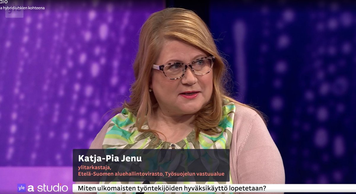 Miten ulkomaisen työvoiman hyväksikäyttöä voidaan ehkäistä? Vieraina  kansanedustajat Minja Koskela (vas.) ja Tere Sammallahti (kok.)  eduskunnan työelämä- ja tasa-arvovaliokunnasta sekä ylitarkastaja  Katja-Pia Jenu Etelä-Suomen aluehallintoviraston työsuojelun  vastuualueelta.