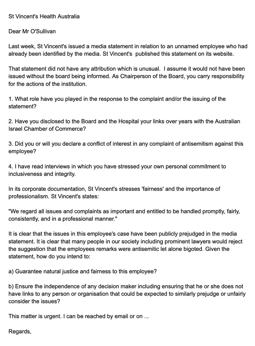 MichaelWestBiz's tweet photo. Dear St Vincent's, further to yesterday's questions re the attacks on Dr Peter McDonald, could you - as a publicly funded important Australian institution - respond to these questions by @Wendy_Bacon . Thank you https://t.co/LHCw6jGGbQ