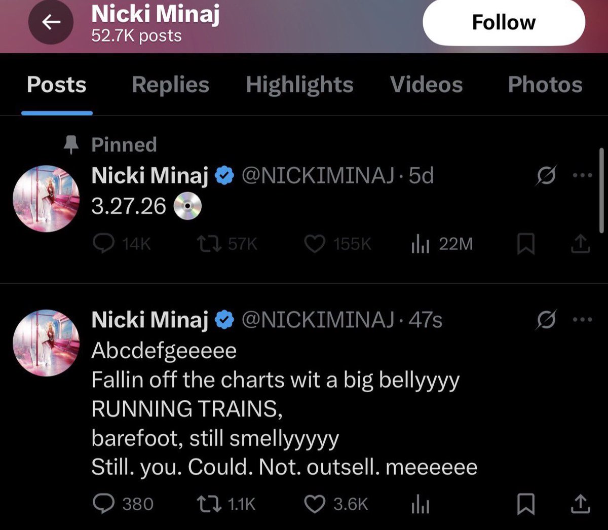Nicki is no more an artist, she’s a full-time stalker in a wig‼️Imagine being so pressed by Cardi that you spend your days lurking, memorizing AITD lyrics just to throw shade online. That’s not an artist energy, that’s fan behavior. You call yourself an opp, but how TF you know