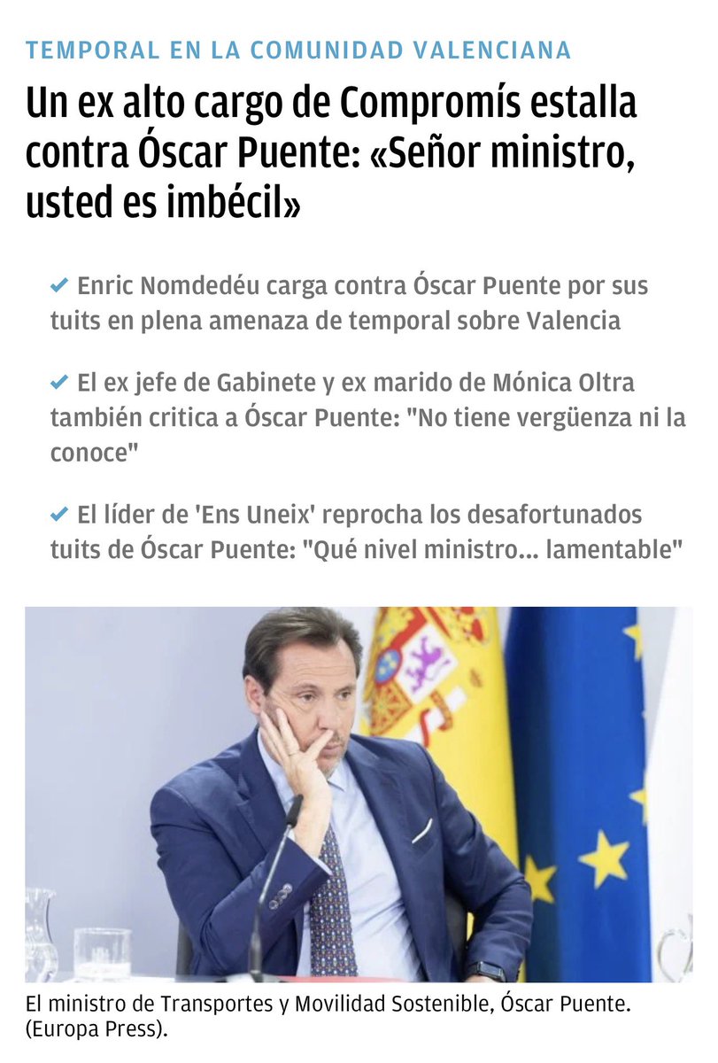 Un ex alto cargo de Compromís estalla contra Óscar Puente: «Señor ministro, usted es imbécil»

Enric Nomdedéu carga contra Óscar Puente por sus tuits en plena amenaza de temporal sobre Valencia