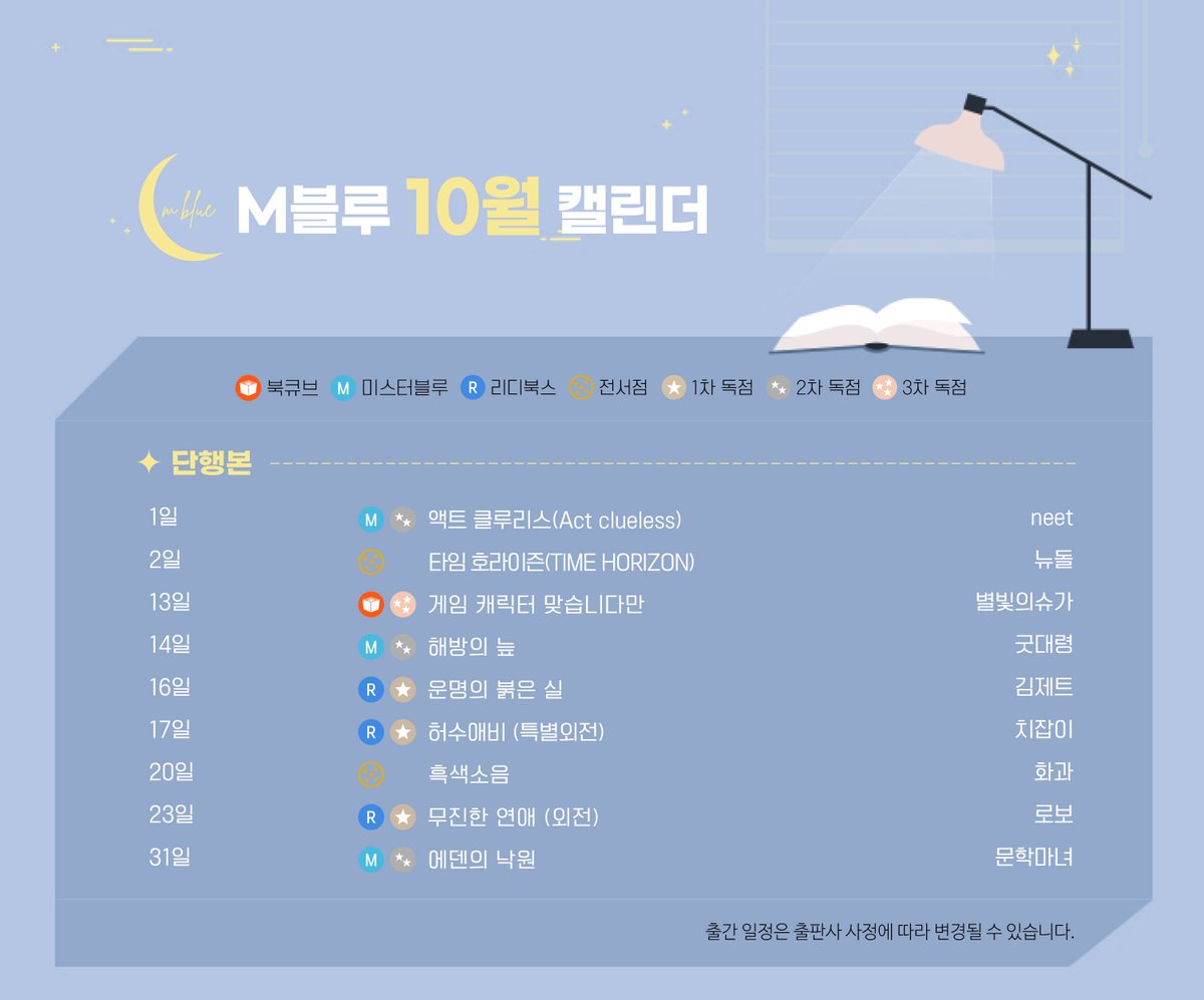 🌙M블루 25년 10월 출간 캘린더🌙

10월의 M블루 BL 출간작들
많은 관심 부탁드립니다😊

※ 출간 일정은 플랫폼 및 출판사 사정에 따라 변경될 수 있습니다.