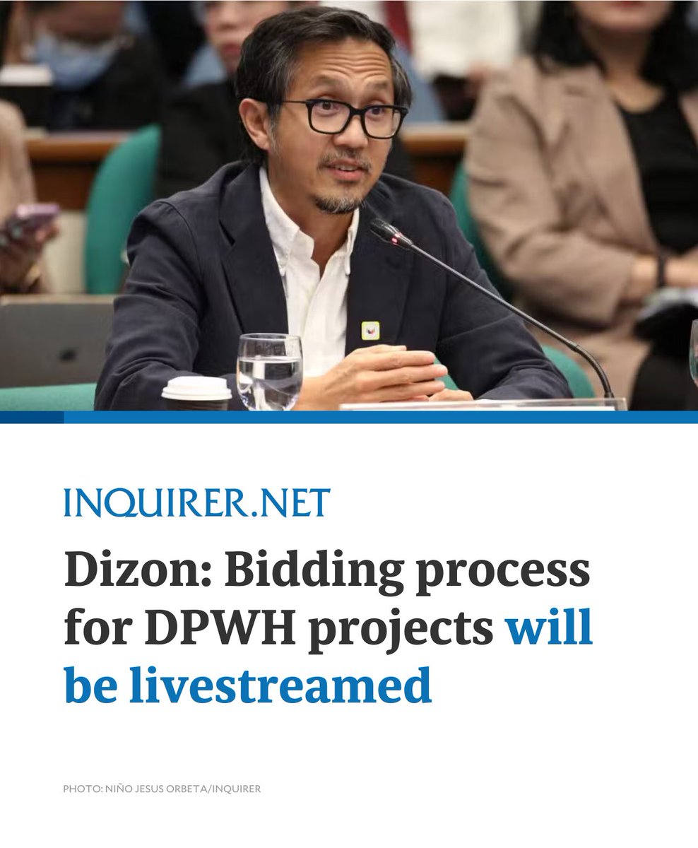 inquirerdotnet's tweet photo. The Department of Public Works and Highways will livestream the bidding process for its projects to promote transparency, DPWH Secretary Vince Dizon said on Tuesday.

READ MORE: https://t.co/RLS1f8Vmtt https://t.co/2AEWolZ5rb