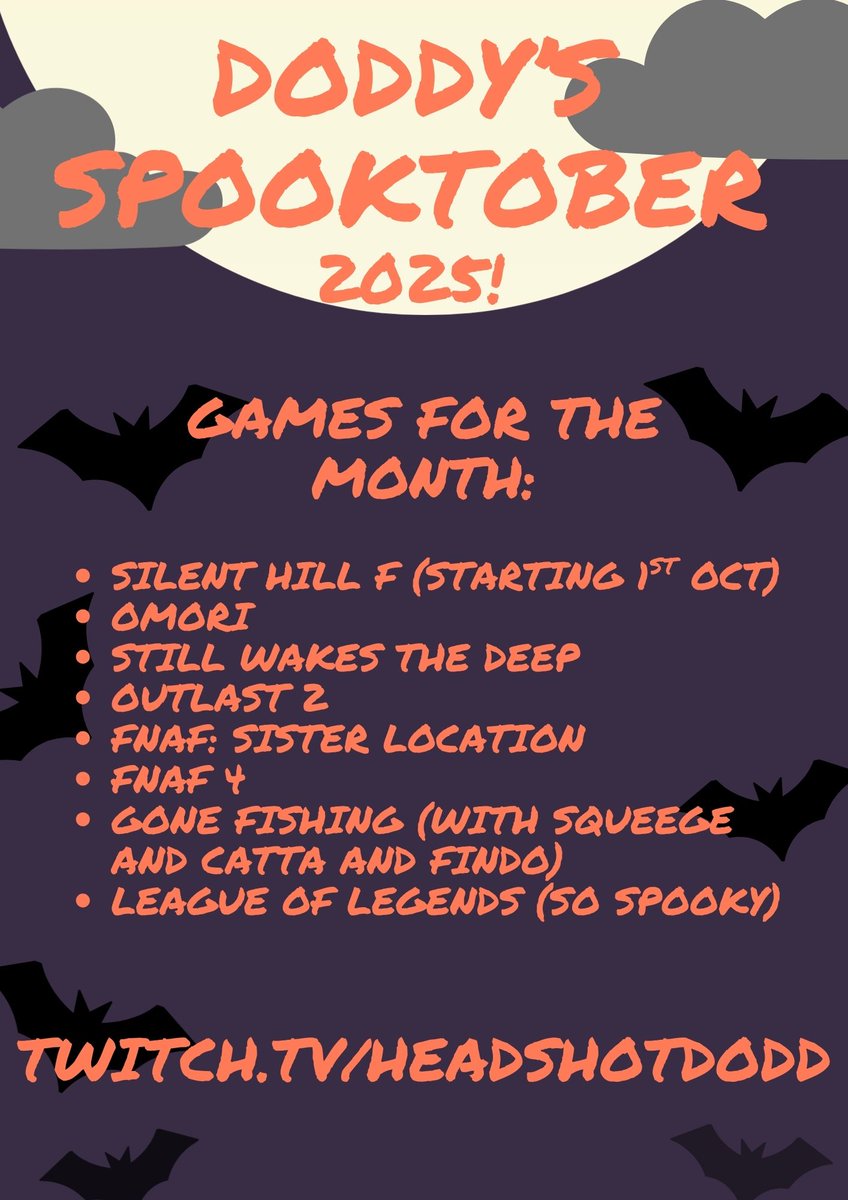 TOMORROW IS THE START OF OCTOBER WHICH MEANS DODDY'S SPOOKTOBER IS RETURNING FOR 2025! Tune in to watch me shit my pants playing horror games through the month! 👻👻👻