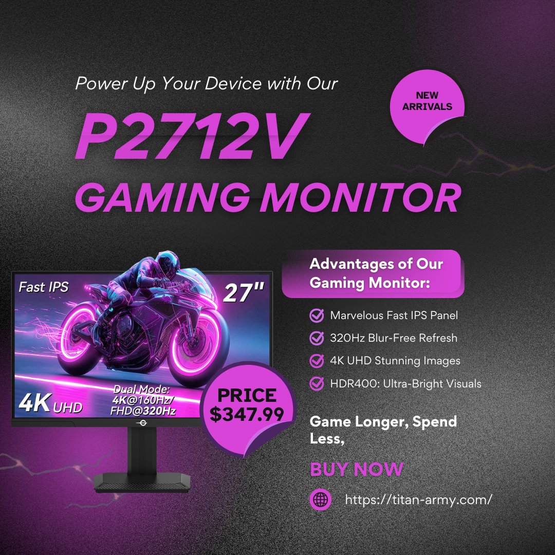 Meet the ALL-NEW P2712V Gaming Monitor - Your gateway to flawless victory!🎮

🎯 PRICE: $347.99

👉 BUY NOW: titan-army.com

#titanarmy #gamingmonitor #4kgaming #320Hz #pcgaming