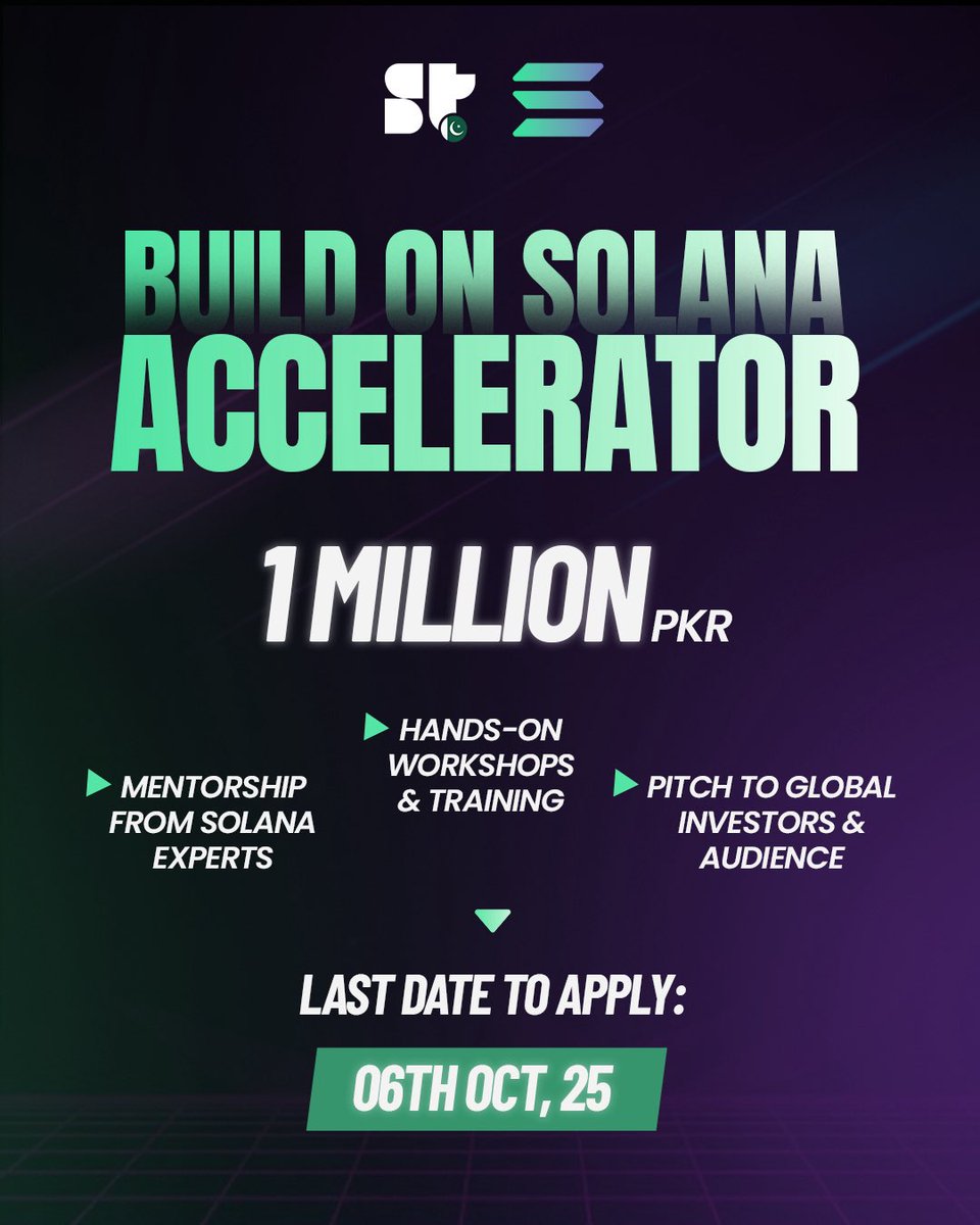 Ready to build? #BuildonSolana accelerator is live now, exclusively for builders in Pakistan 🚀🚀🚀

👉🏻 1M PKR in cash prizes
👉🏻 Mentorship from Solana experts
👉🏻 Workshops &amp; hands-on training
👉🏻 Pitch to global investors

If you’re serious about shipping on Solana, this is where