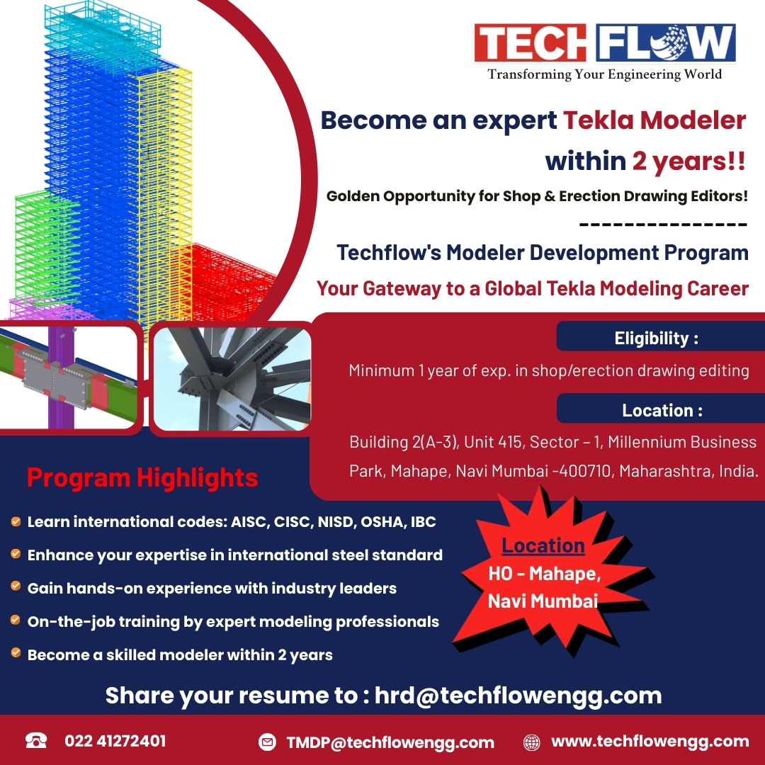 techflowengg's tweet image. ✨ Dreaming of a fantastic career in Tekla Modeling?
👷♂️ Here’s your golden chance with Techflow’s Modeler Development Program!
📍 Location: HO – Mahape, Navi Mumbai
📩 Apply now: hrd@techflowengg.com
#Techflow #TeklaModeler #SteelEngineering #CareerOpportunities