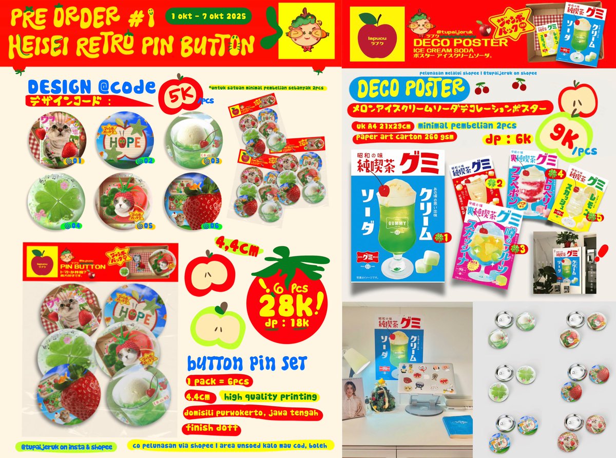 tupaijeruk's tweet photo. 🍀🧃🍎 JUMINO CORE STUFF'S PRE-ORDER #1 by @tupaijeruk 

🗓️ 1-7 Oktober 2025

📌 Button Pin Set (6pcs): Cuma 28K!
📌 Pin Satuan: 5K aja!
📌 Poster Deco A4: 9K doang!

🛒 Pelunasan via Shopee: @tupaijeruk

🔗🍅 form po : https://t.co/PhOy9vSFdw https://t.co/UWtUXHLRIW