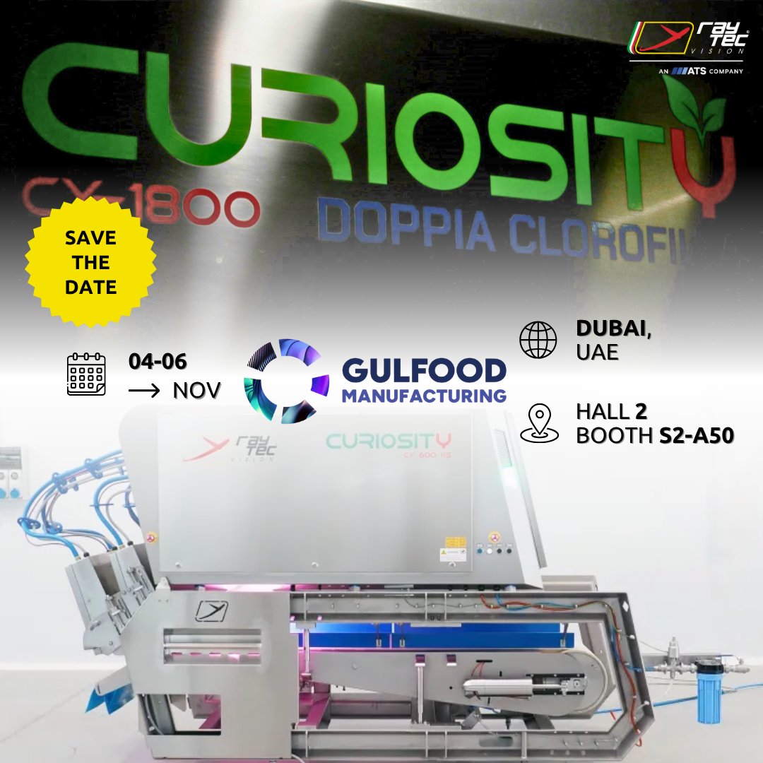 Raytec_Sorting's tweet image. See the future of optical sorting at @Gulfood_M! 🌟
Discover #CURIOSITY– the optical sorter:
✅ Ideal for #salad and #dehydratedfruit
✅ Built with total #hygienicdesign
✅ Designed to ensure maximum #FoodSafety 
🌎 Dubai, UAE
📍 Hall 2 Booth S2-A50
📅 Nov 4–6
👉Come visit us!