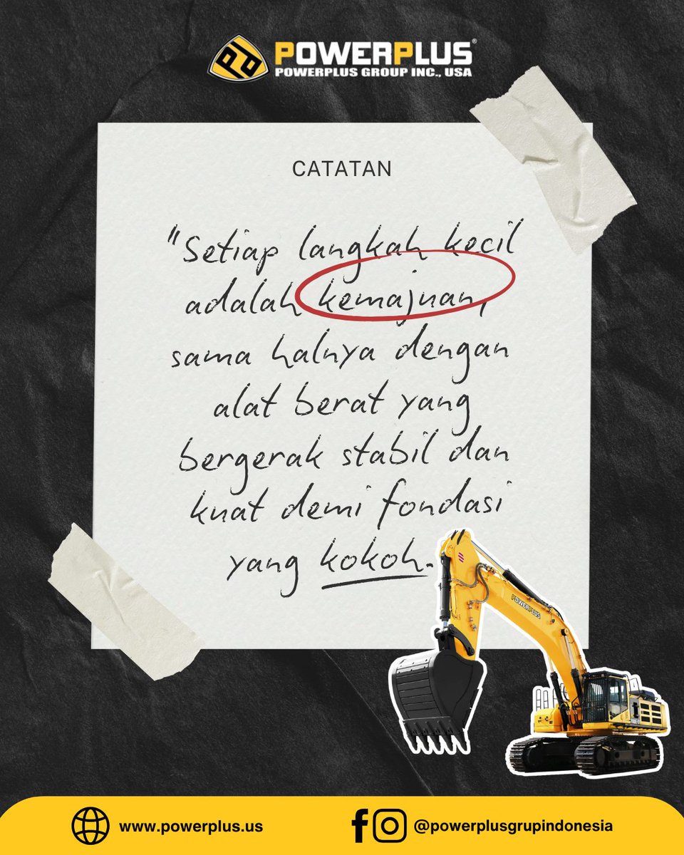 PowerplusgrupID's tweet image. &quot;Setiap langkah kecil adalah kemajuan.
Seperti alat berat, stabil dan kuat membangun fondasi yang kokoh. ”

#POWERPLUS #AlatBerat #BangunMasaDepan