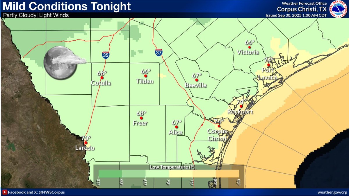 Partly cloudy skies are expected tonight with lows in the mid 60s to around 70s. #txwx