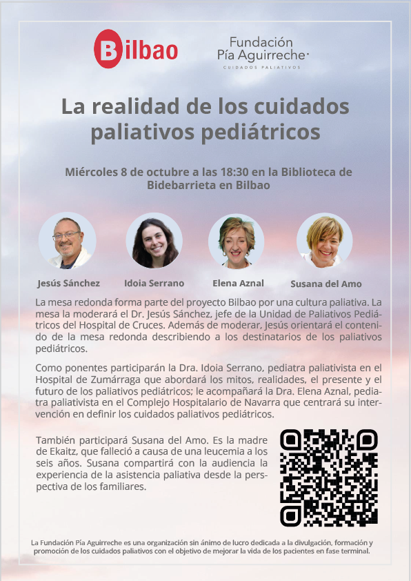 El miércoles, 8 de octubre,  a las 18:30 reuniremos en torno a una mesa al Dr. Sánchez Etxaniz , la Dra. Idoia Serrano, la Dra. Elena Aznal y a Susana del Amo. Hablarán sobre la realidad de los cuidados paliativos pediátricos.

Inscripciones: …-paliativos-pediatricos.eventbrite.es