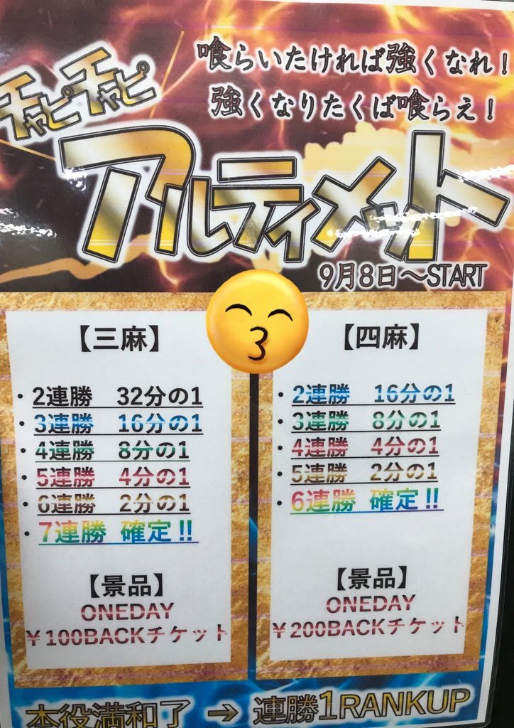まーじゃん Chirpy☆House ちゃーぴーはうす チャーピーハウス (@housechirpy) on Twitter photo おはようございます☺︎
四麻▶︎連勝イベント⚡️
三麻▶︎連勝イベント👊⚡️
今日明日…虹ウサギday🌈
連勝イベントは今日までです❣️
皆さまのご来店心よりお待ちしております❣️
櫻井勇馬プロ出勤中♪
(<a href="/uma3900/">櫻井勇馬✨日本プロ麻雀連盟</a>)
夕方から▶︎▶︎
星乃あみプロ出勤♪
(@amiaminohoshino)
#仙台 #麻雀 おはようございます☺︎
四麻▶︎連勝イベント⚡️
三麻▶︎連勝イベント👊⚡️
今日明日…虹ウサギday🌈
連勝イベントは今日までです❣️
皆さまのご来店心よりお待ちしております❣️
櫻井勇馬プロ出勤中♪
(<a href="/uma3900/">櫻井勇馬✨日本プロ麻雀連盟</a>)
夕方から▶︎▶︎
星乃あみプロ出勤♪
(@amiaminohoshino)
#仙台 #麻雀