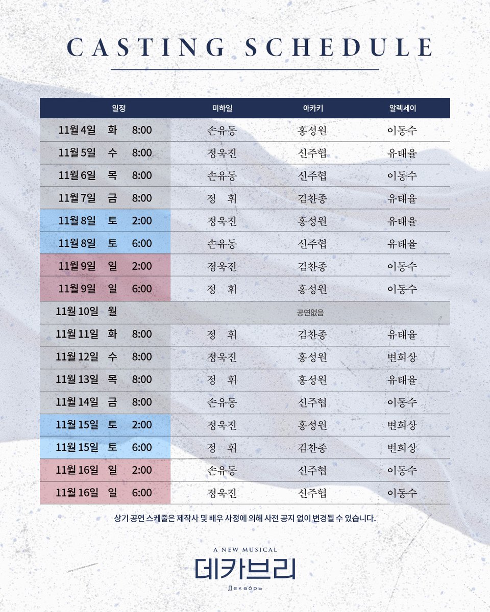 shownote's tweet photo. ｜TICKET｜#데카브리

🎫4차 티켓 오픈 캐스팅 스케줄 안내
🖋️티켓오픈: 10/1(수) 오후 2시
🖋️오픈기간: 11/4(화)~11/16(일)

뮤지컬【데카브리 декабрь】
2025.09.10-11.30
NOL 서경스퀘어 스콘 1관 https://t.co/HbEsd578dC