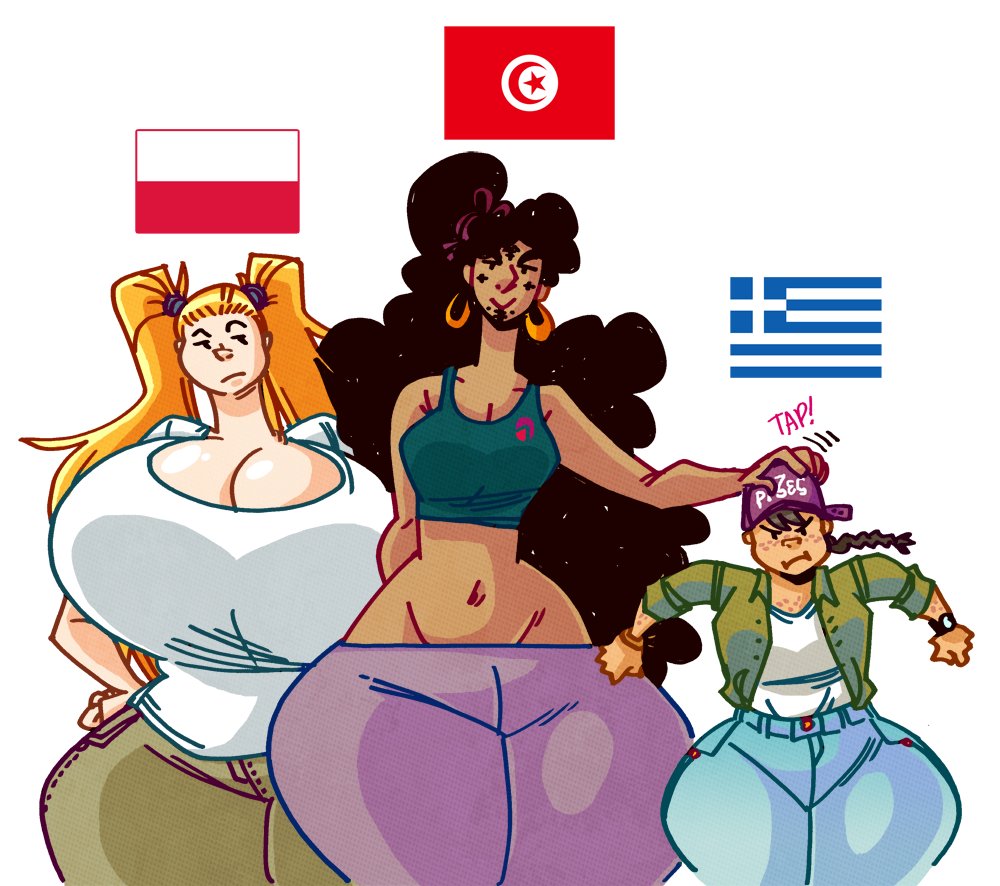 All three of my diety gals together in one pic! Along with the flags of their respective cultural regions of origin. Aliki is actually a normal height, but Danny &amp; Samira just make her look tiny.

Two and a Half Gods (one is a minor nature spirit lol), coming this Spring to NBC.