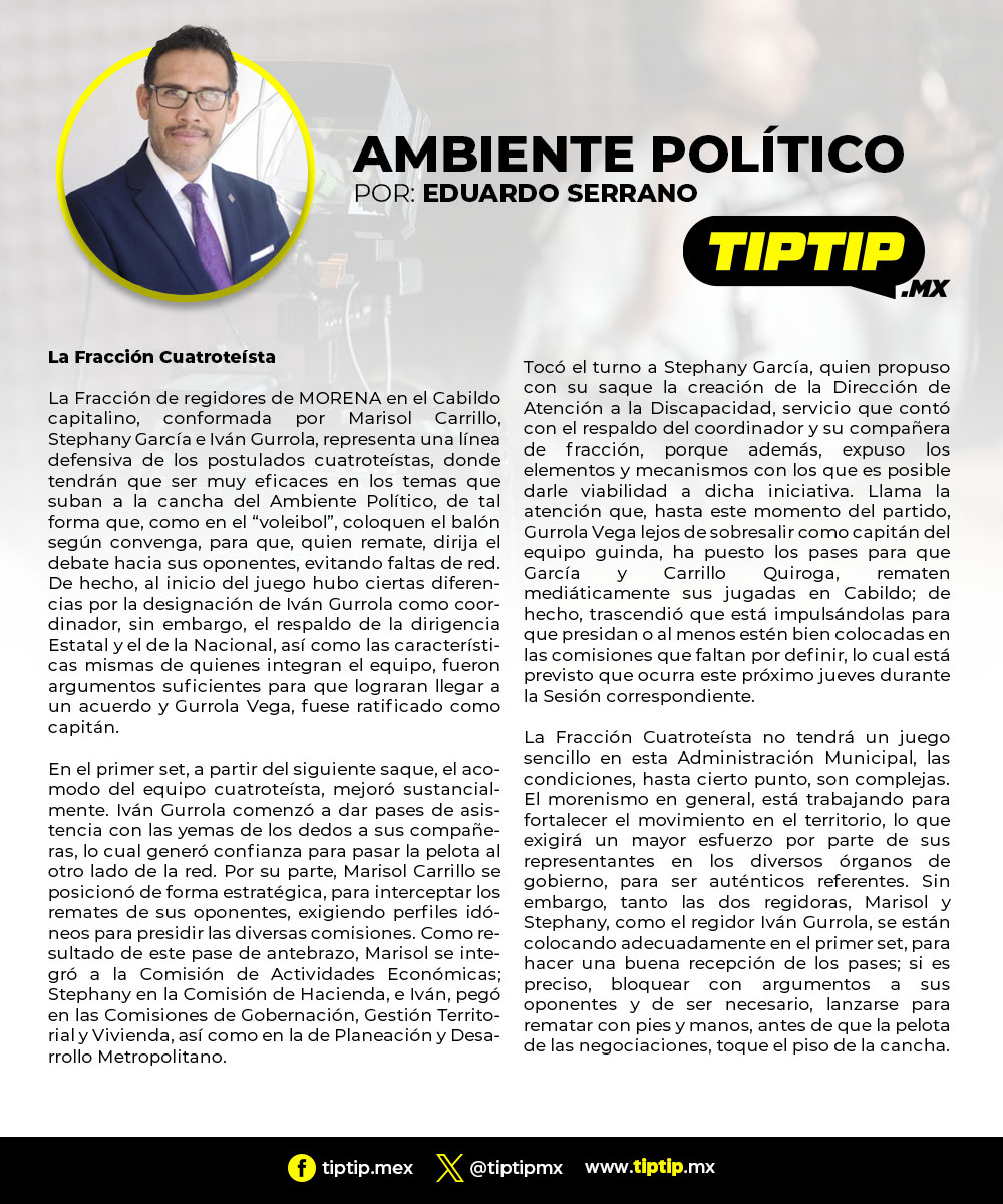 Tip...Tip... (@tiptipmx) on Twitter photo Ambiente Político
Por: <a href="/LaloSerranoZ/">Eduardo Serrano</a>
La Fracción Cuatroteísta
tiptip.mx/ambiente-polit… Ambiente Político
Por: <a href="/LaloSerranoZ/">Eduardo Serrano</a>
La Fracción Cuatroteísta
tiptip.mx/ambiente-polit…