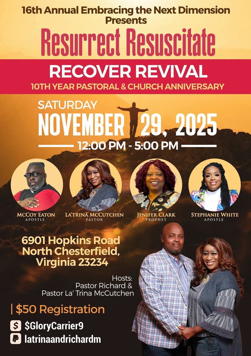 SpiritOfTruthMi's tweet image. 🔥We are 60 days away from our Upcoming 16th Annual Embracing The Next Dimension Presents Resurrect Resuscitate Recover Revival!🔥

🔥🔥Make plans to be there!🔥🔥

🔥November 29 2025🔥

🔥12 PM- 5 PM🔥

🔥Register Today!🔥

🔥Please Share🔥

…citateRecoverRevival16.eventbrite.com