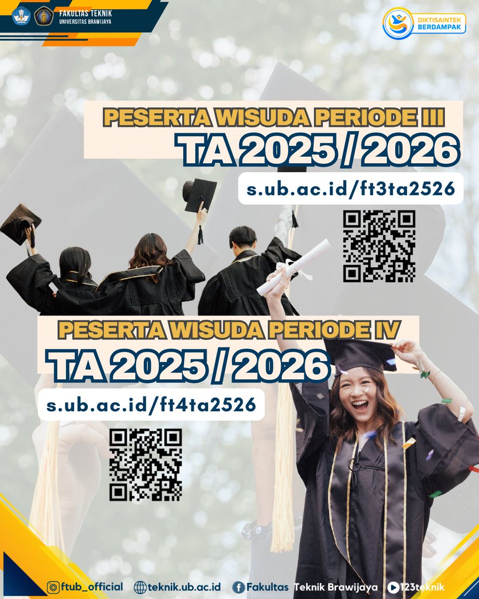 Salam hebat &amp; sukses #KBFT !  Selamat bagi para calon Wisudawan Periode 3 &amp; 4 Tahun Akademik 2025/2026. Informasi lengkap &amp; daftar wisudawan sudah dapat dilihat di menu pengumuman website teknik.ub.ac.id #FTUB #FTUB2025 #UniversitasBrawijaya #123Teknik
